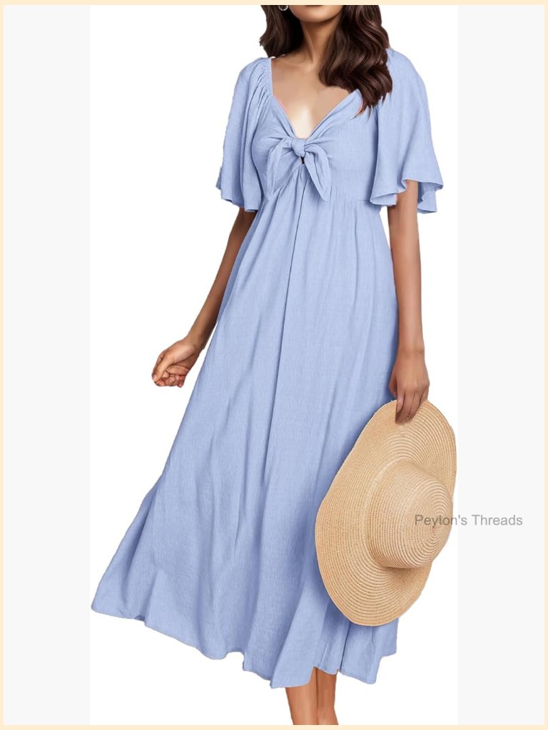 Casual Short Sleeve Bow Tie V Neck Smocked High Waist A-Line Flowy Midi Dress